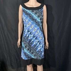 Connected Apparel Blue Black Geometric Diamond Sheath Dress Sleeveless Sz 12
